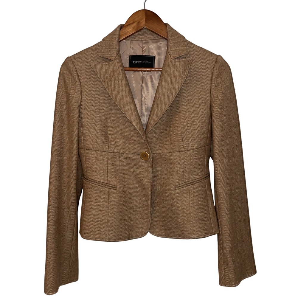 BCBGMAXAZRIA Womens Wool Cropped Blazer Tan Single Button Academic Minimalist XS